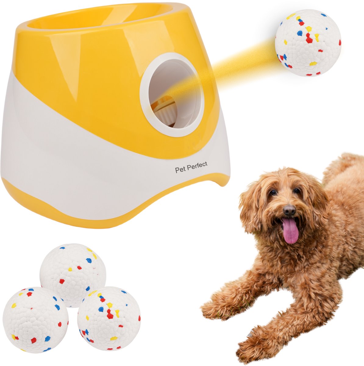 Pet Perfect Automatische Ballenwerper M - Hondenspeelgoed - Oplaadbaar - Incl. 3 ETPU ballen - 3 Werpafstanden - Geel