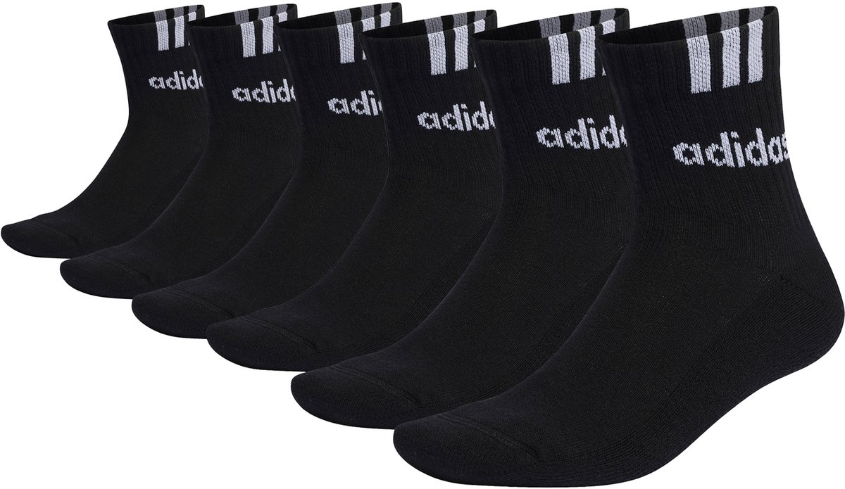 adidas CUSHIONED 3 Stripes tennissokken sportsokken dames heren unisex 6 paar Zwart