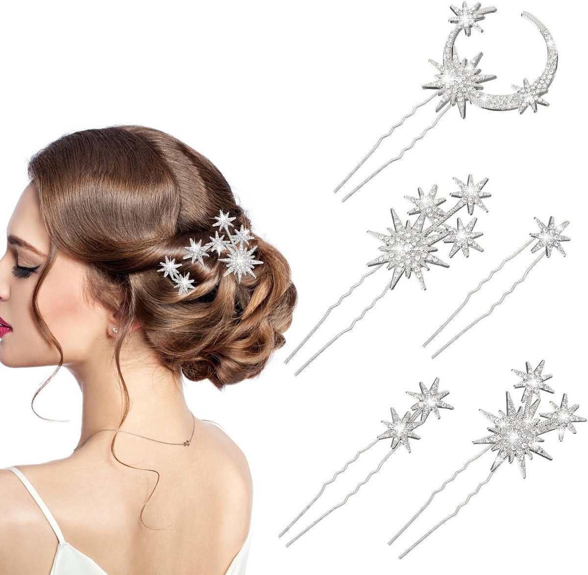 5-delige Set Glanzende Kristallen Bruidshaarspeldjes Ster en Maan Haaraccessoires