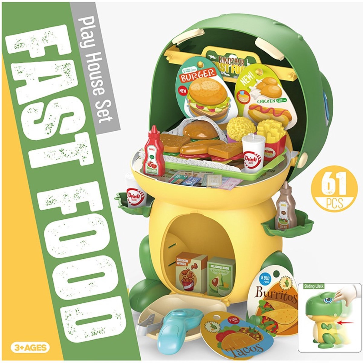 Speelhuis speelgoedset/verschuifbare cartoon dinosaurus opbergset/fastfood restaurant speelgoedset
