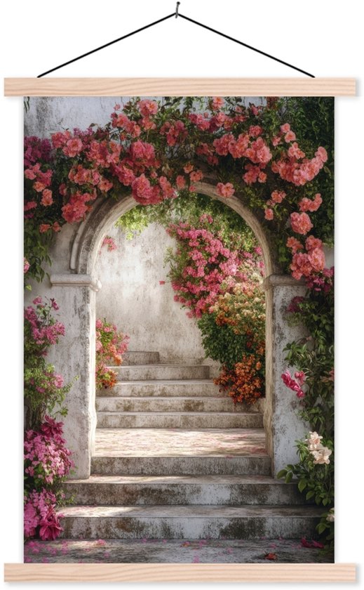 Posterhanger incl. Poster 120x180 cm - Schoolplaat - Doorkijk - Rozen - Vintage - Poort - Textielposter - Blanke latten