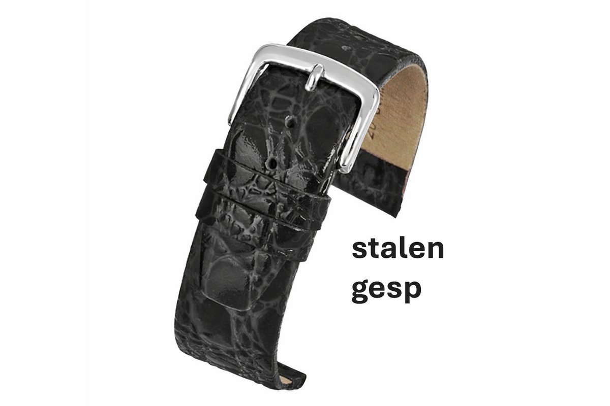 horlogeband-horlogebandje-20mm-echt leer-croco-zwart-zacht-plat-stalen gesp-leer-20 mm