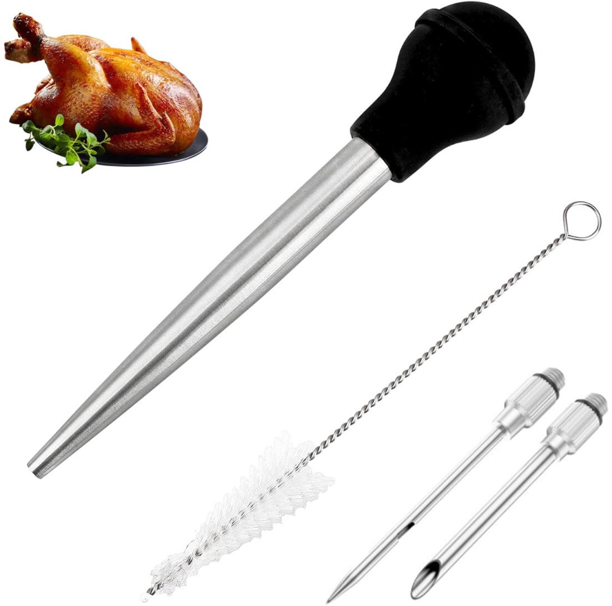 Kalkoendruppelaar - Kalkoenbaster - met reinigingsborstel en 2 marinadenaalden - Roestvrijstalen kalkoennaald - Kruidendruppelaar - Kruidenspuit - Druppelspuit - voor Keuken, BBQ, Bakken, Koken, marineren - zwart