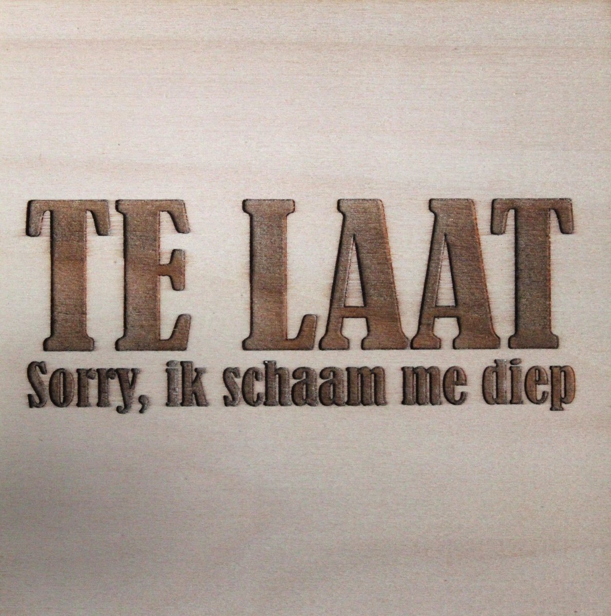 Houten Ansichtkaart - Wenskaart - Wens - Kaart - 15x15cm - Te Laat - Sorry, ik schaam de diep
