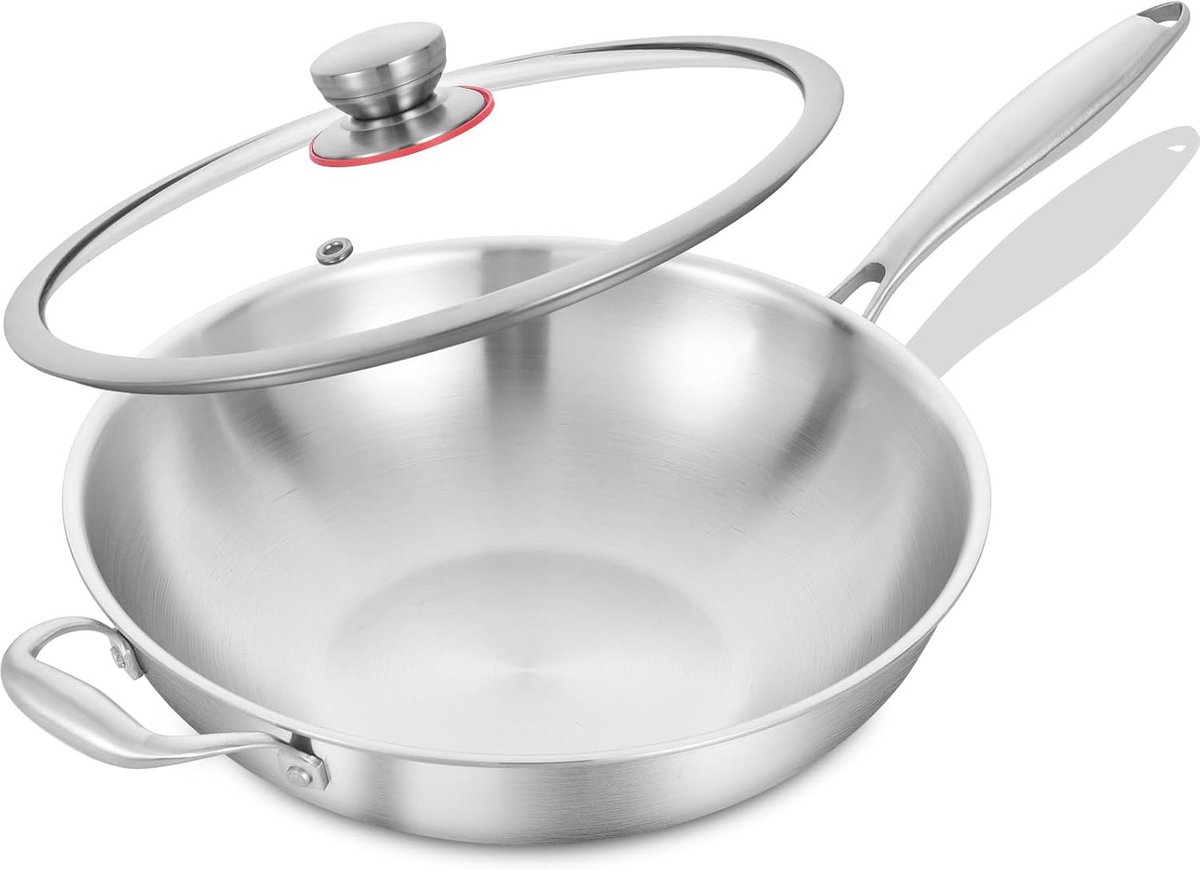 RVS Wokpan 30 cm Drielaags Inductie met Deksel | Geschikt voor Oven & Vaatwasser