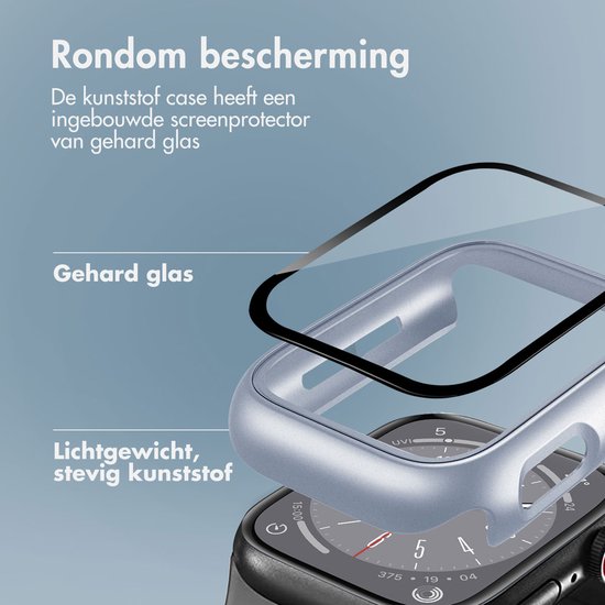 Explosietekening van een smartwatch hoes met gehard glas en stevig kunststof, met tekst 'Rondom bescherming'.