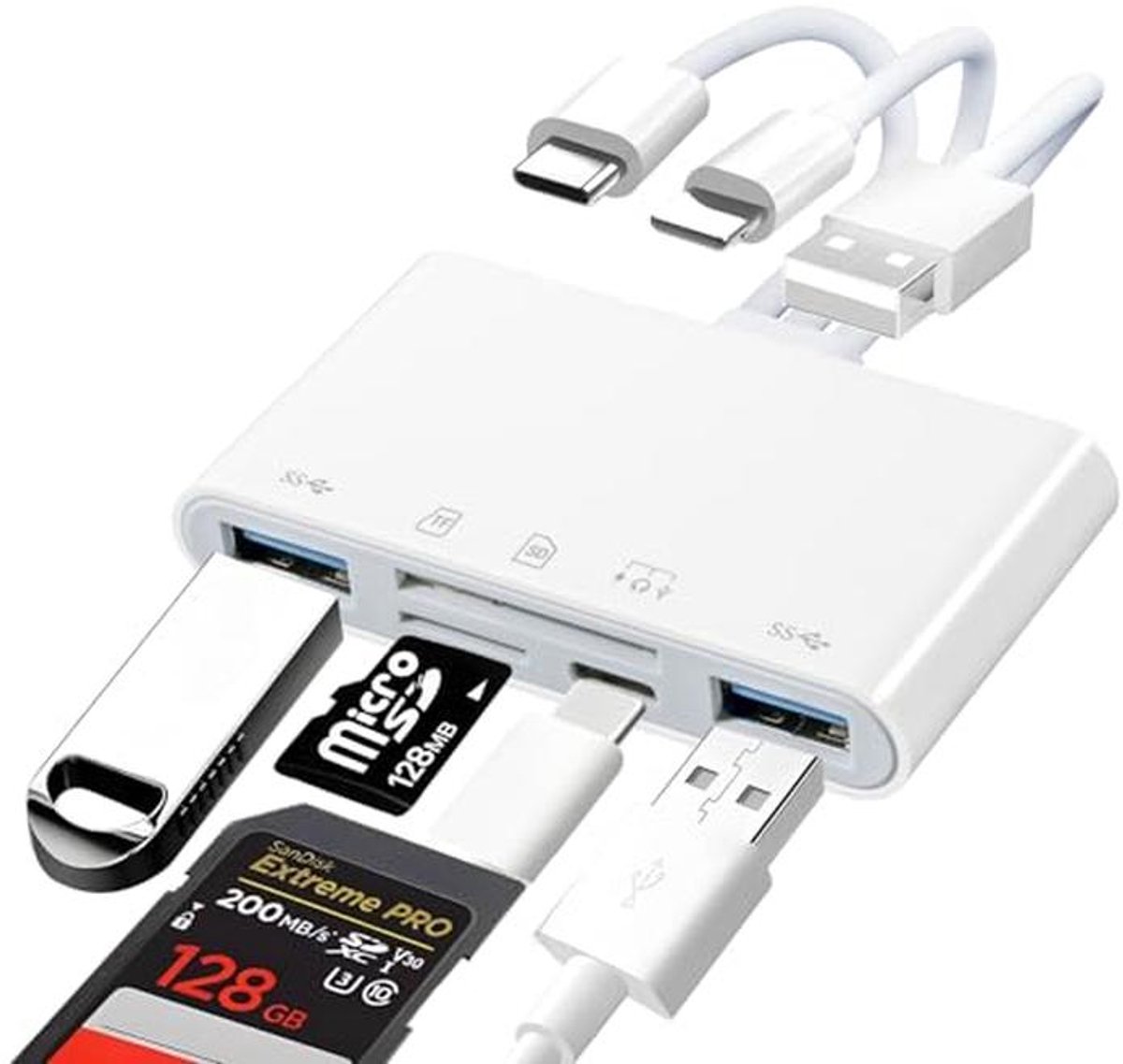 8-in-1 multifunctionele SD-kaartlezer met USB en USB-C poort voor telefoon, tablet en pc
