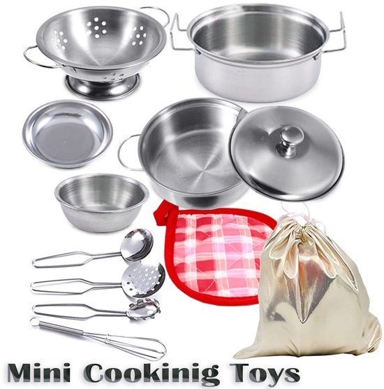 Keuken Speelgoed Set - Mini Keuken Food Kook Accessoires - RVS Doen-alsof Kookgerei Kookset - Montessori Keuken Speelgoed - Pannenset voor Kinderen - 11 Stuks