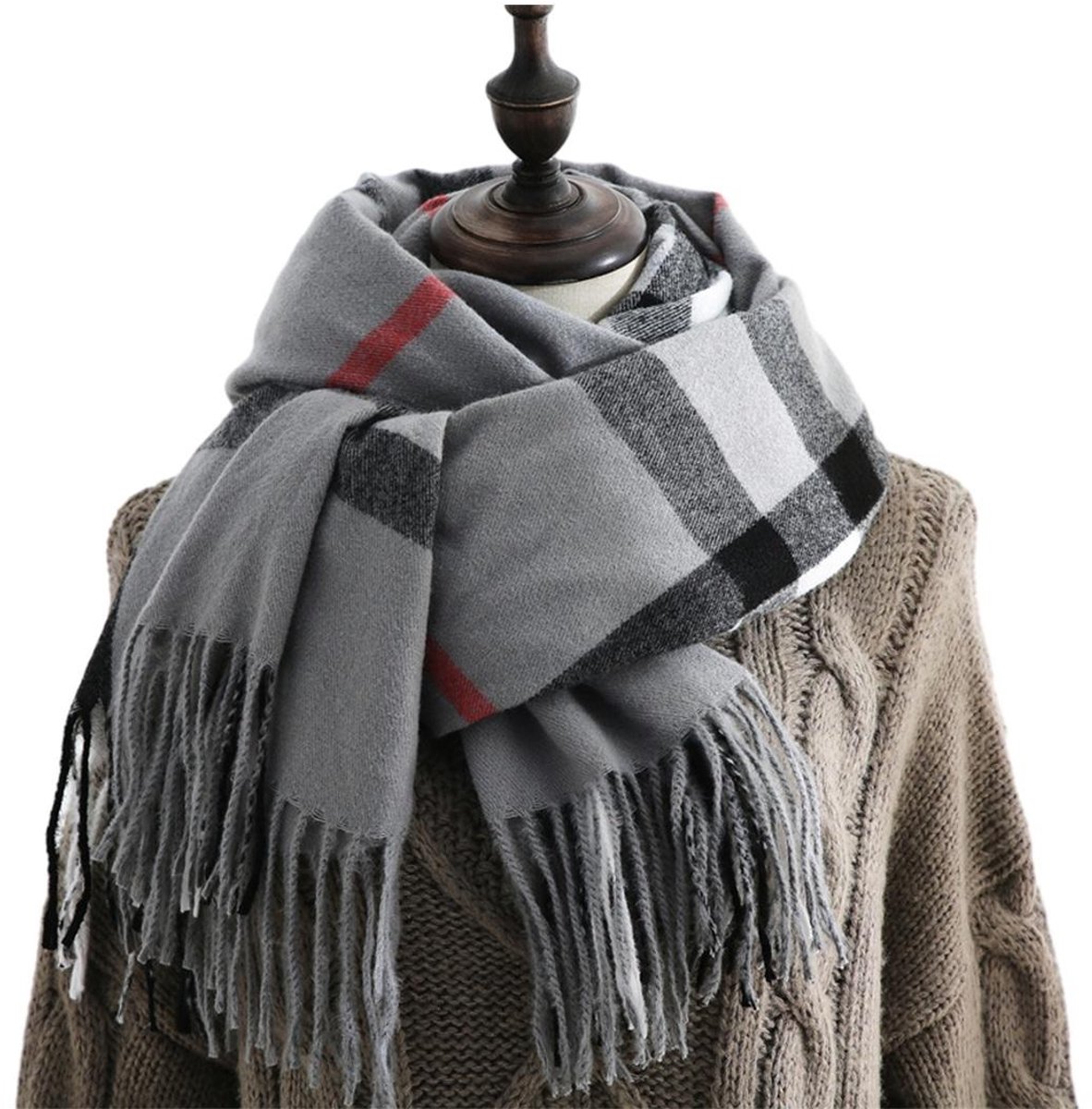 EXCITAT Sjaal - Geruite sjaal - Herfst/Winter sjaal - Kwastjes sjaal - Unisex - Grijs