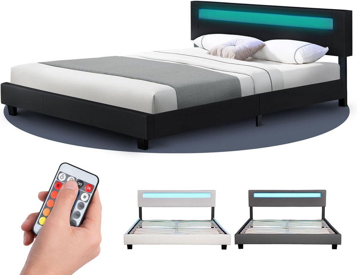 Gestoffeerd Bed 160x200 cm met LED-Verlichting, Lattenbodem en Hoofdeinde - Zwart Kunstleer
