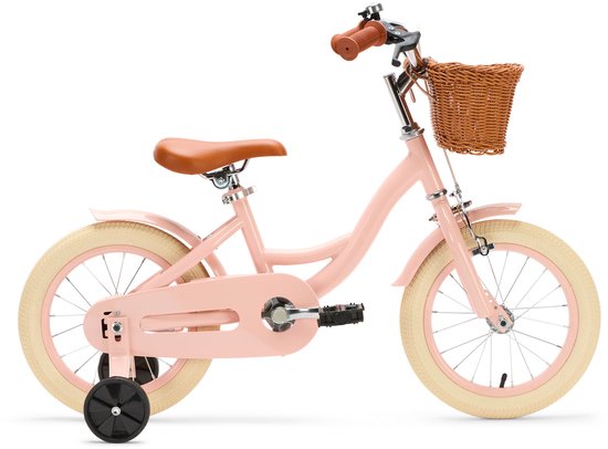 Vélo enfant rose avec pneus beiges, selle marron, panier et roulettes.