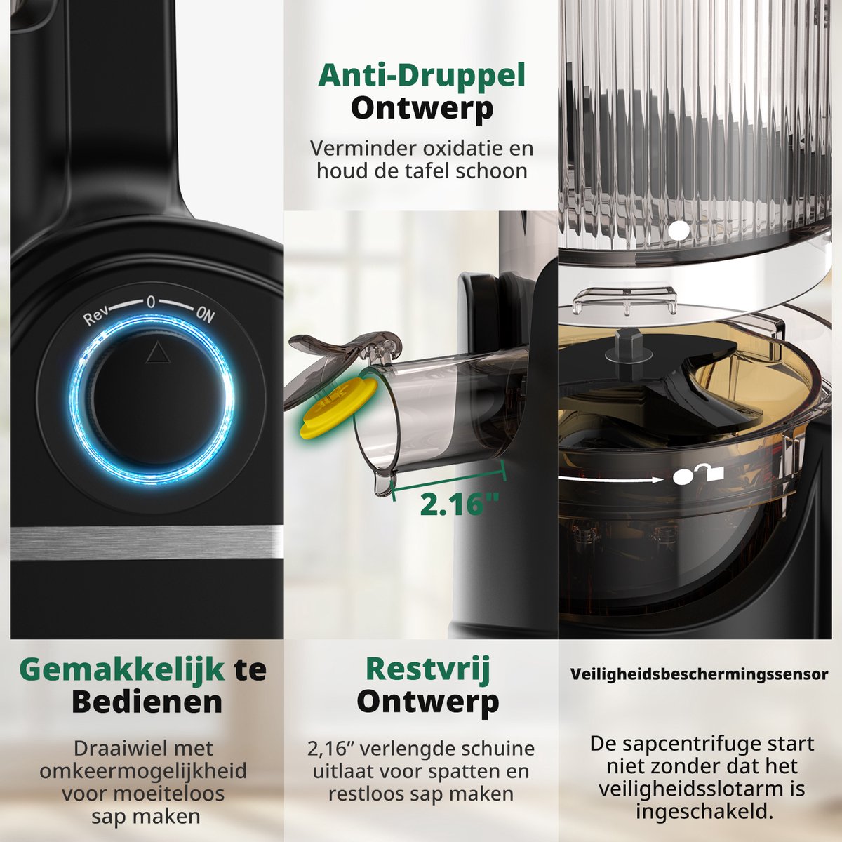 AIRMSEN Slowjuicer: Brede vulschacht, geen zeef, makkelijk schoon thumbnail 4