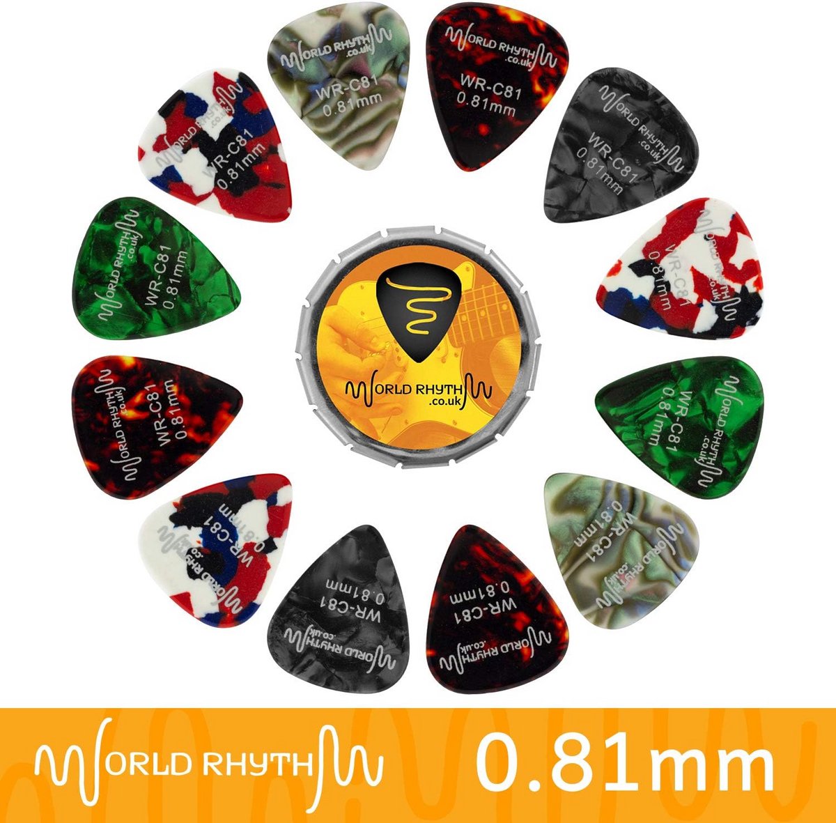 Set van 12 Celluloid Gitaar Plectrums 0.81mm Medium Dikte met Opbergblik