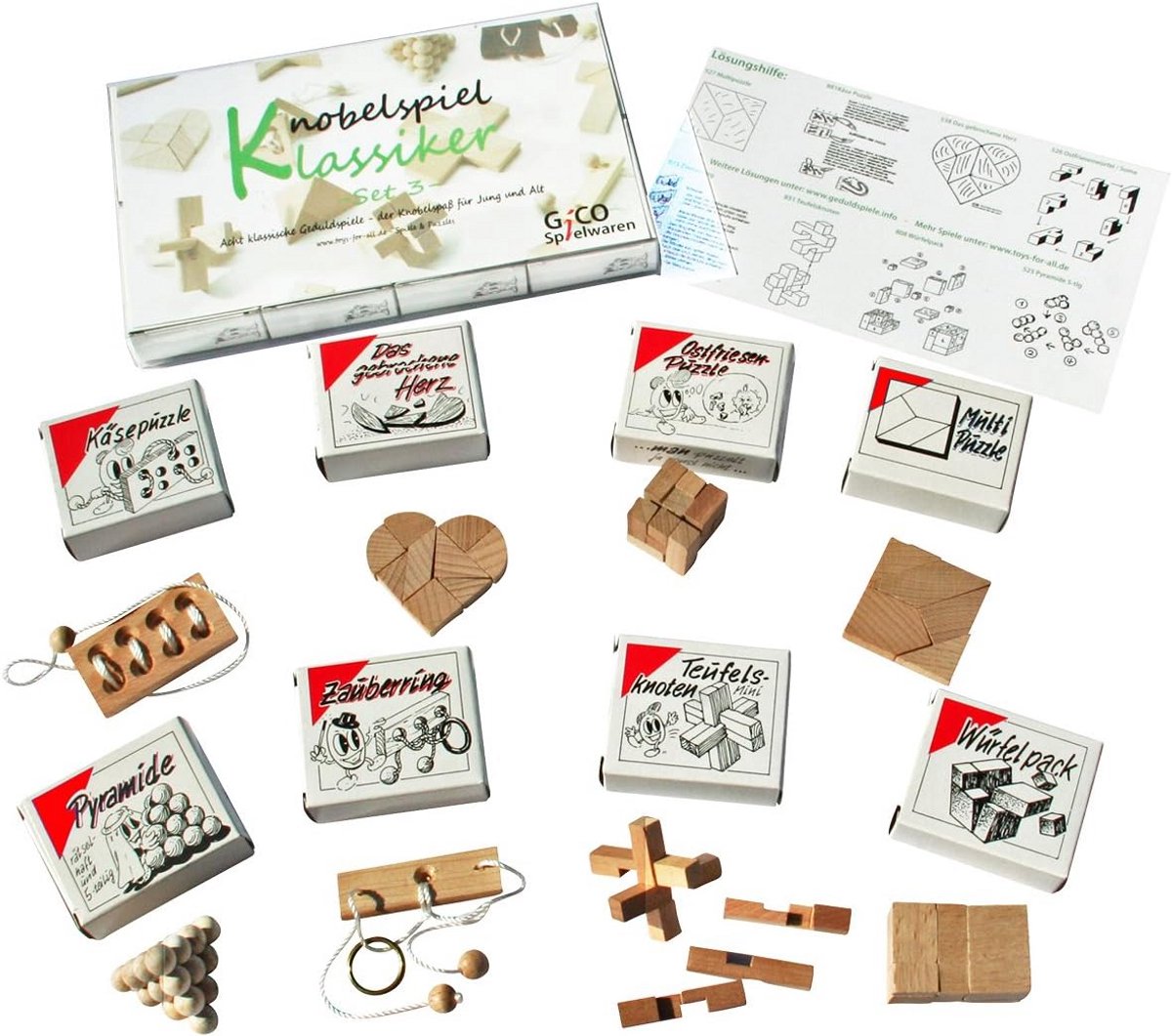 Set van 8 Klassieke Houten Puzzels en Behendigheidsspelletjes - Cadeauset Inclusief Oplossingen