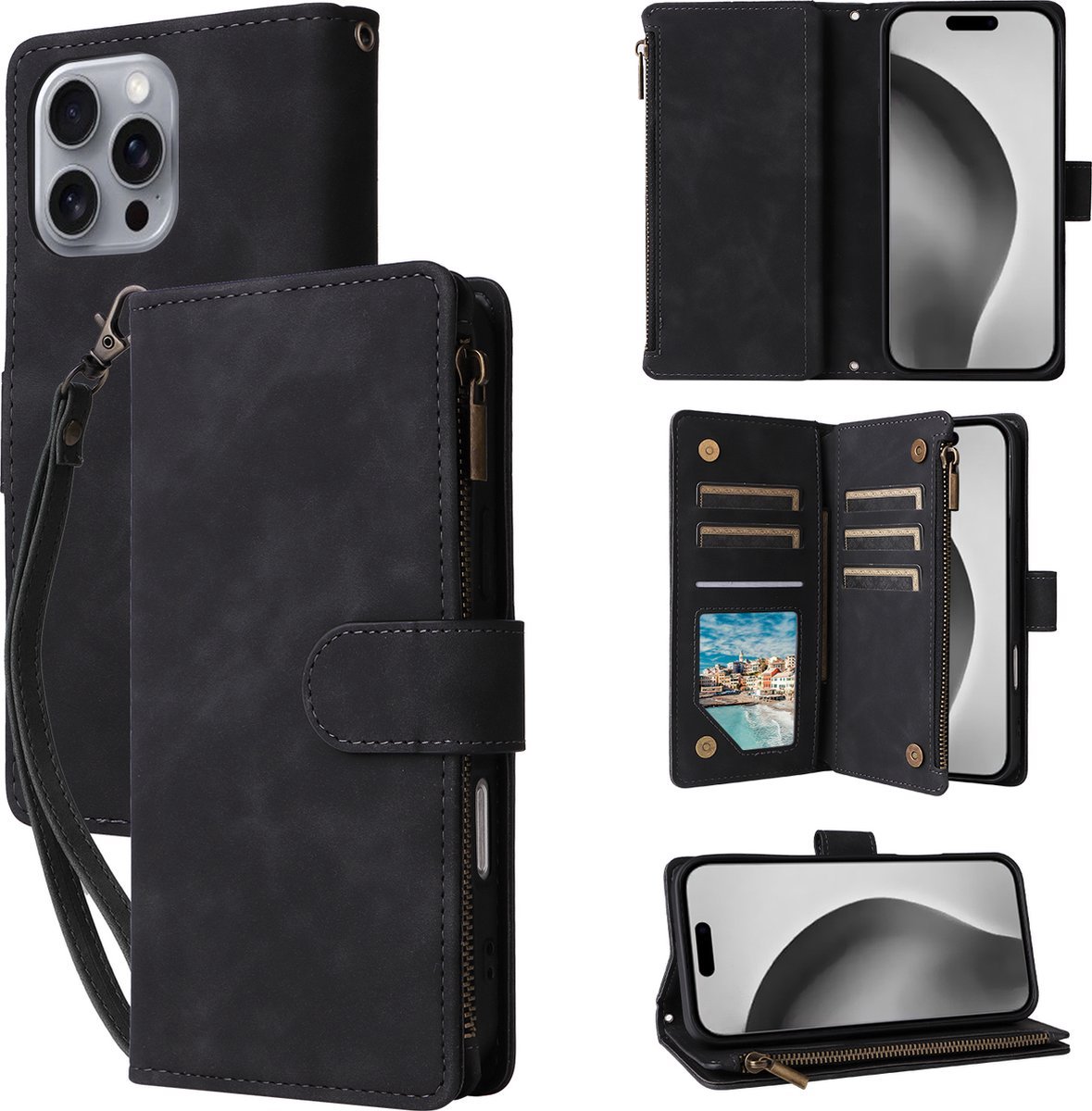 YPCd Wallet Case Pasjeshouder met Rits – Geschikt voor Apple iPhone 16 Pro Max – Luxe Bookcase Hoesje met 6 Pasjesvakken & Polsbandje – Zwart