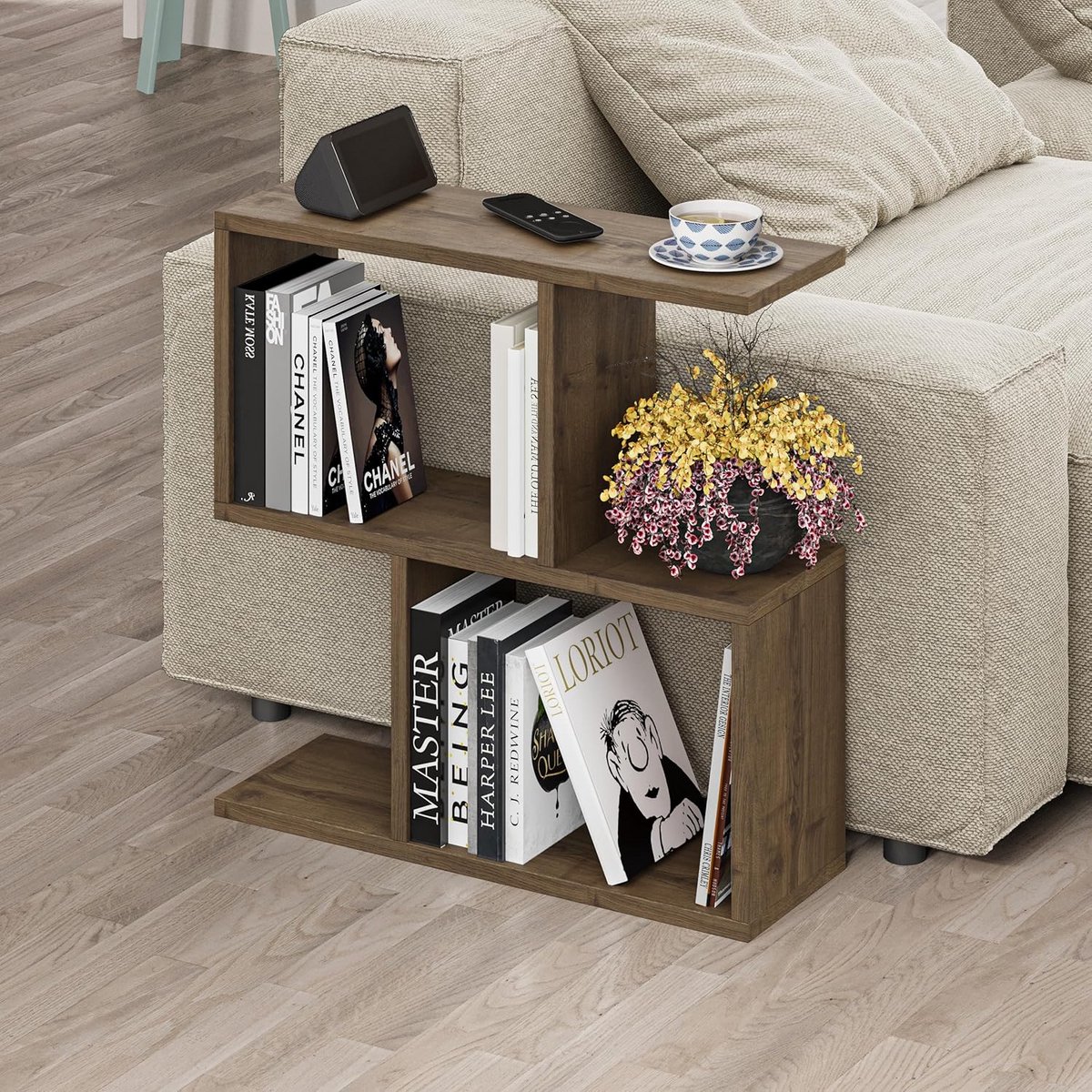 Multifunctionele 2-laagse Opbergtafel 60x60cm – C-Vormige Salontafel voor Woonkamer, Slaapkamer en Kantoor – Donker Eiken Look
