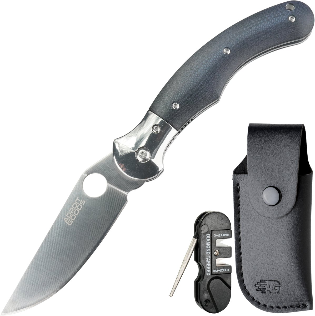 Cover van AdroitGoods RVS zakmes met vezelhandgreep – incl. hoes en slijptool - luxe opvouwbaar outdoor mes - Premium compact zakmes voor hiken, kamperen, bushcraft en dagelijks gebruik