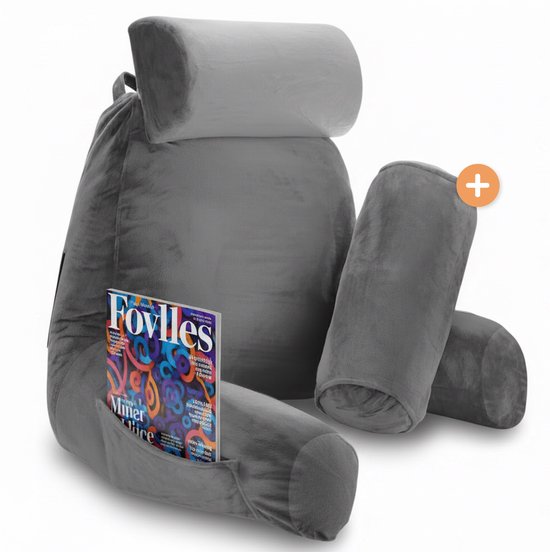 Leeskussen – 3 opbergvakken – rugsteun – grijs