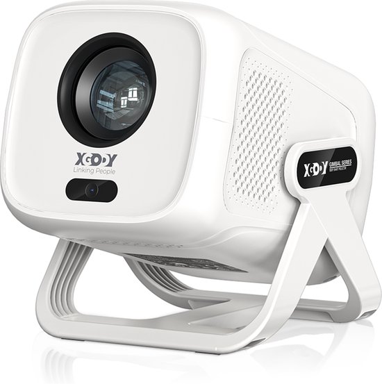 Witte XGODY projector met verstelbare standaard, op de voorgrond de tekst 'XGODY Linking People'.
