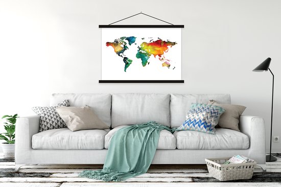 Affiche scolaire - Wereldkaart - Aquarelle - Vert - 150x100 cm - Lattes noires