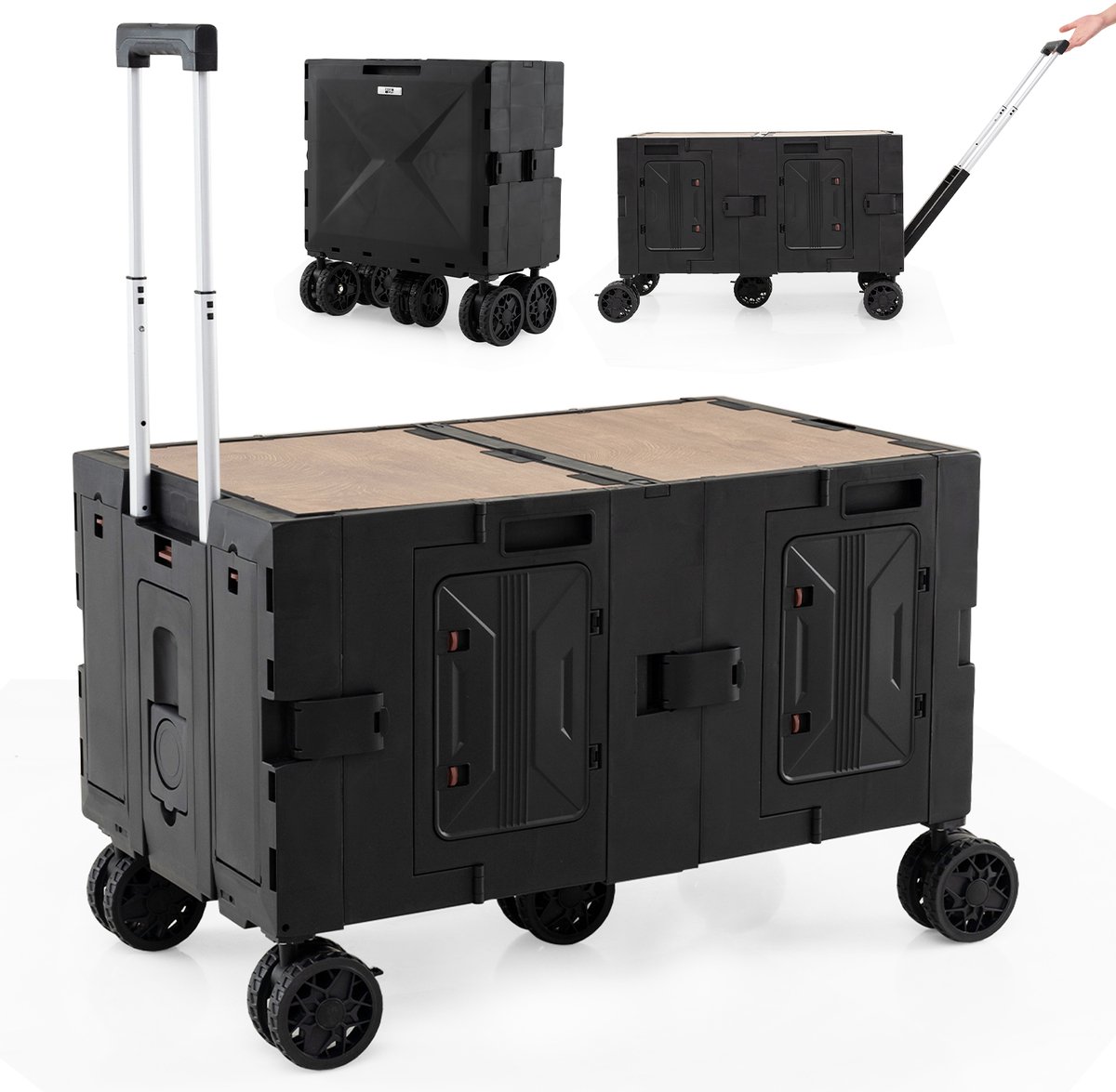 COSTWAY Bolderkar, opvouwbaar, handwagen met tafelblad, 2 opbergkisten, verstelbare handgreep en bekerhouders, 150 l, tuinwagen tot 60 kg belastbaar, transportwagen voor camping (zwart)
