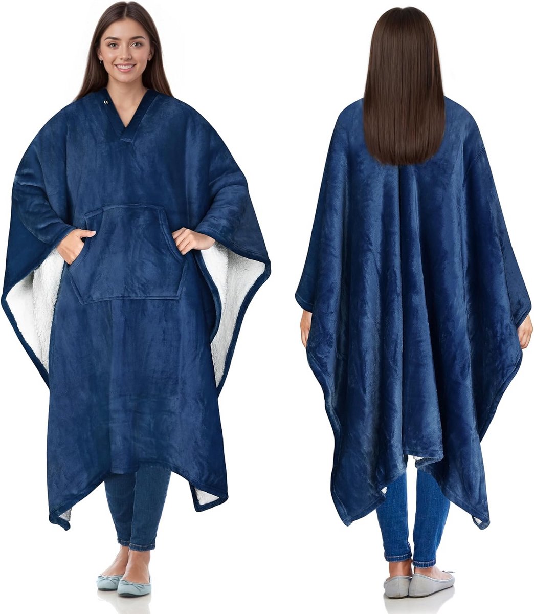 Extra Grote Draagbare Fleece Poncho Deken met Mouwen en Kangoeroezak - Super Zacht & Warm