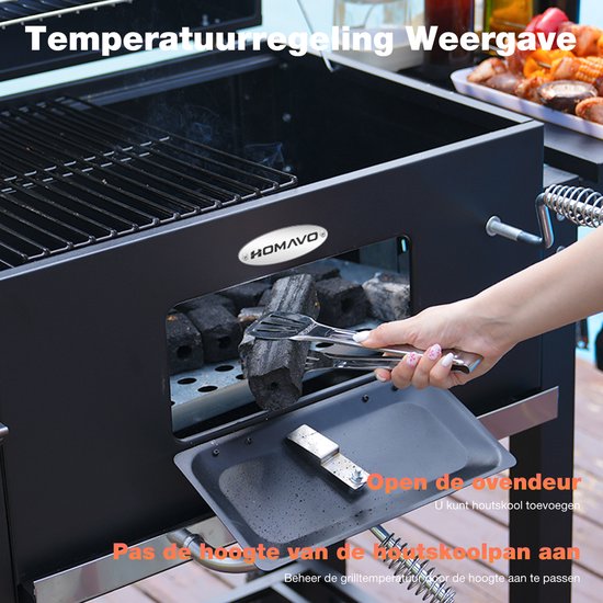 HOMAVO Houtskoolgrill, Barbecue met Deksel, Grilloppervlak: 56×42,5 cm, Hoogteverstelbare kolenbak, Opvouwbaar Zijtafeltje, Met Waterdichte Barbecuehoezen van Merkloos — afbeelding 4