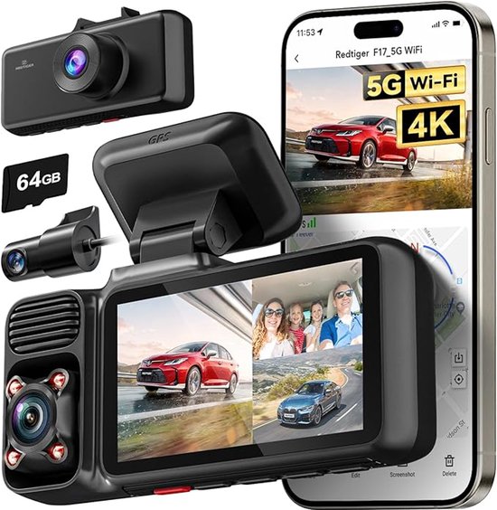 REDTIGER F17 3-kanaals dashcam - 4K+1080P+1080P resolutie - 5GHz wifi - GPS - Parkeermodus - G-sensor - 3 inch touchscreen - met 64GB geheugenkaart & IR-nachtzicht - Drievoudige autodashcam