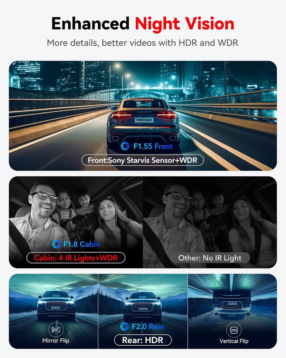 REDTIGER F17 3-kanaals dashcam - 4K+1080P+1080P resolutie - 5GHz wifi - 3 inch touchscreen - met 64GB geheugenkaart & IR-nachtzicht thumbnail 5
