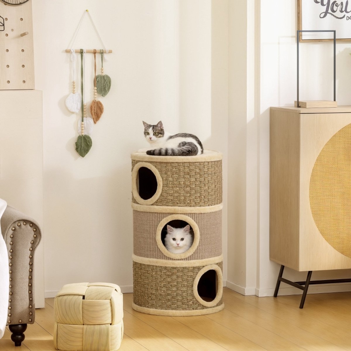 REDOM - Kattenkrabpaal - pluche - meerdere niveaus - 45L x 45B x 79H cm Khaki+Brown