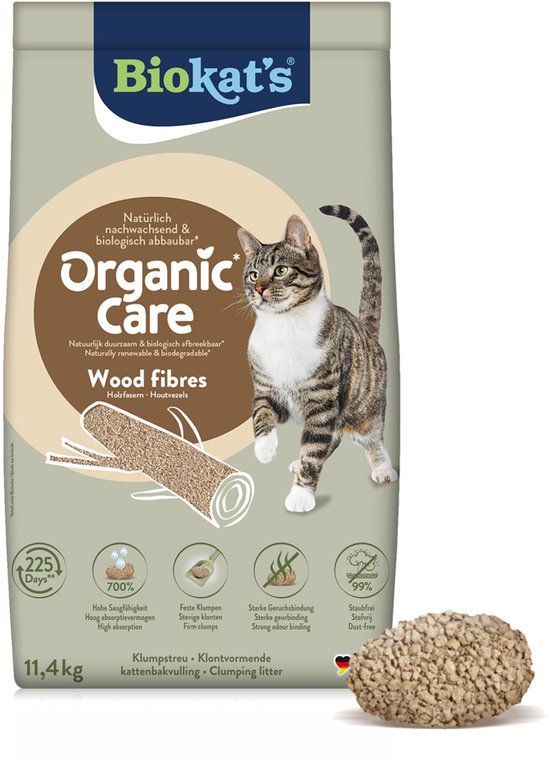 Biokat's Organic Care kattenbakvulling met houtsnippers, 11,4kg zak met een kat erop.