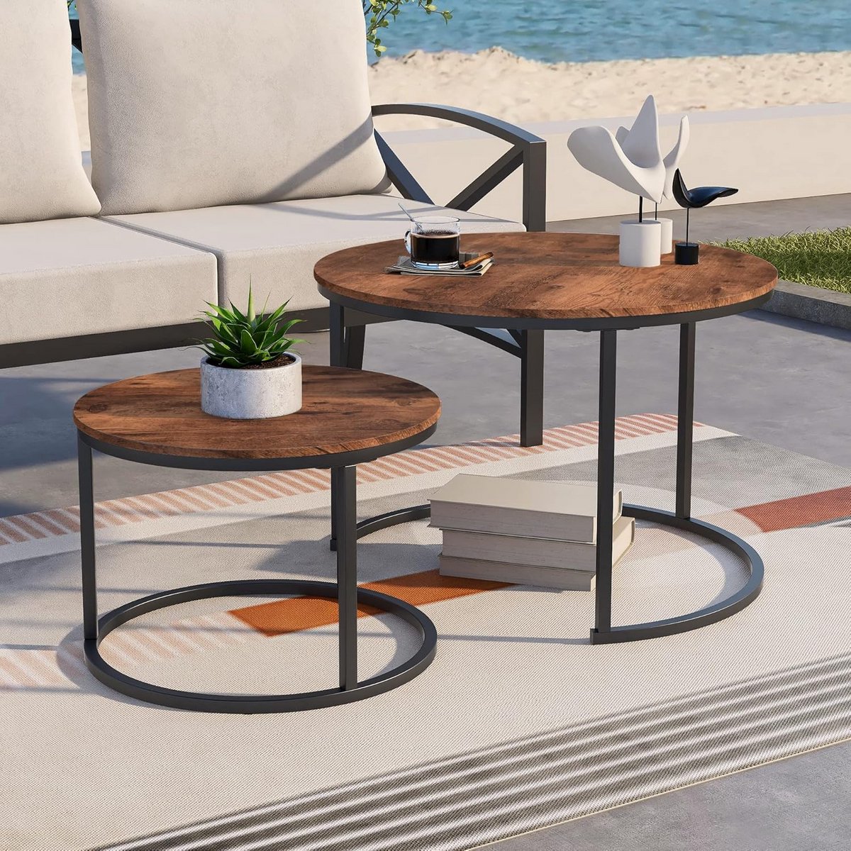 Set van 2 Ronde Stapelbare Salontafels - Nesting Tafels met Metalen Frame
