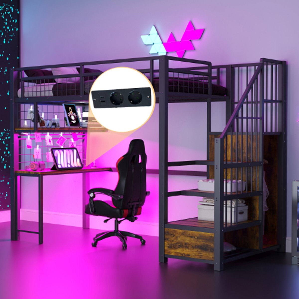 Metalen hoogslaper 90 x 200 cm, met lichtstrip en oplaadpunt, met opbergladder en eenvoudige kledingkast, compleet met planken, bureau en roosterrek, zwart