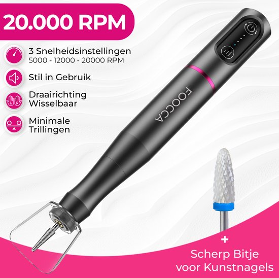 FOOCCA® Draadloze Elektrische Nagelvijl - Nagelfrees 20000 RPM - Oplaadbaar - Wireless - 12 Bitjes + 55 Schuurrolletjes + 3 Accessoires - Nagelstofkap - Manicure en Pedicure Set - Ergonomische Aluminium Behuizing - Eeltverwijderaar - Kalknagel