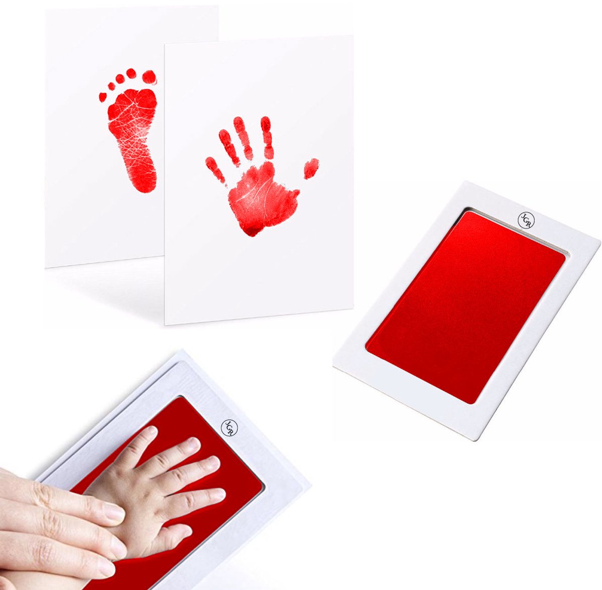 JGR – Baby handafdruk - Baby voetafdruk - Rood -Set - Baby Art - Kraamcadeau - Babyshower Cadeau – Inktafdruk – Pootafdruk Hond & Kat – Inclusief beschrijving Nederlands/Engels