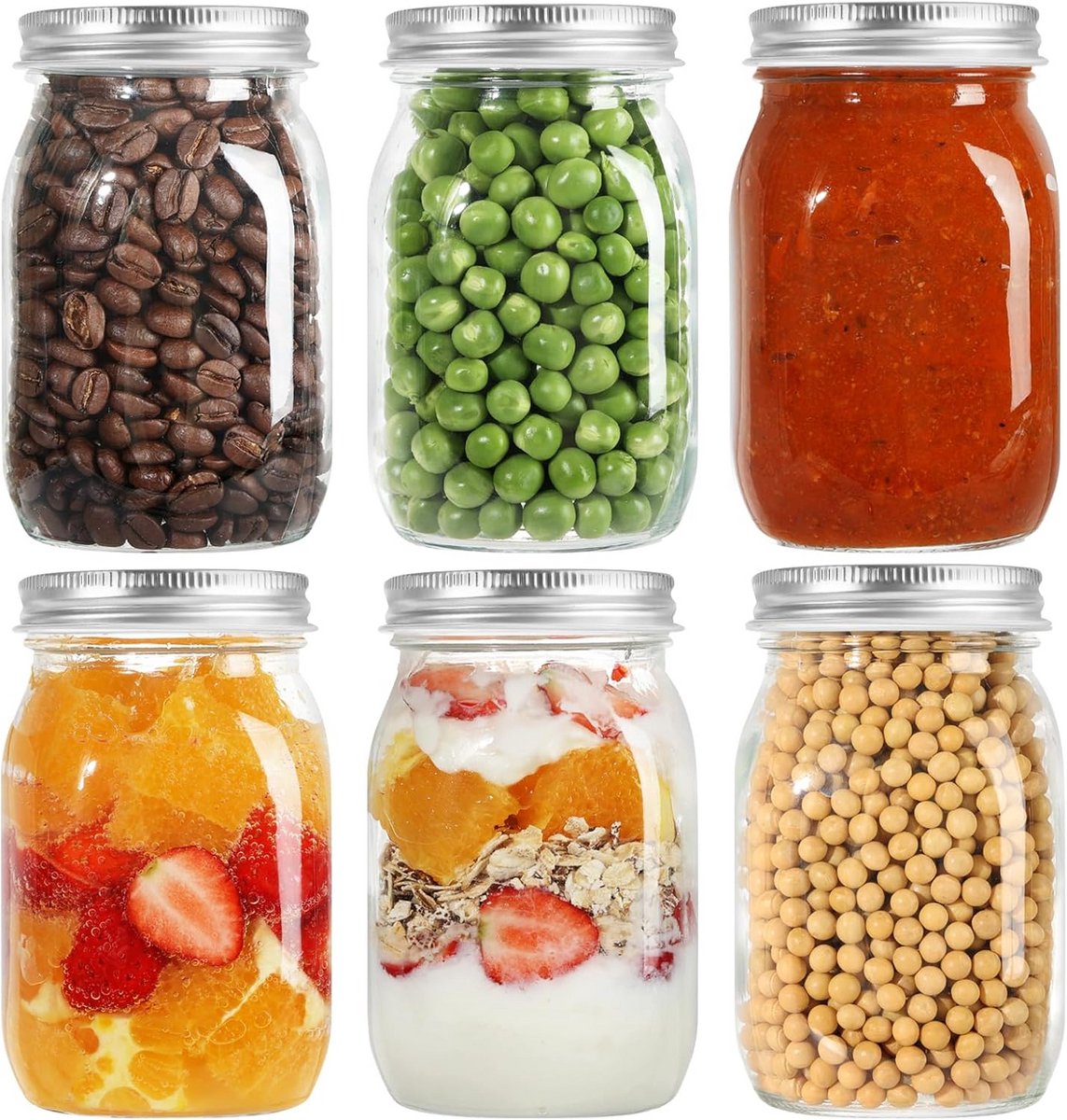 Set van 6 Glazen Potten met Deksel - 500 ml Opslag en Bewaren
