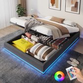 Lit capitonné en lin 160x200 cm - Avec levier hydraulique - Lit coffre - Lit enfant - Lit double - Cadre de lit avec Siècle des Lumières LED - Montage facile - Sans tête de lit - Grijs