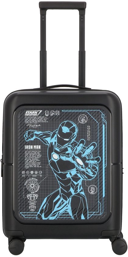 Zwarte koffer met blauwe Iron Man print op de voorkant, "Stark Industries" en technische details.