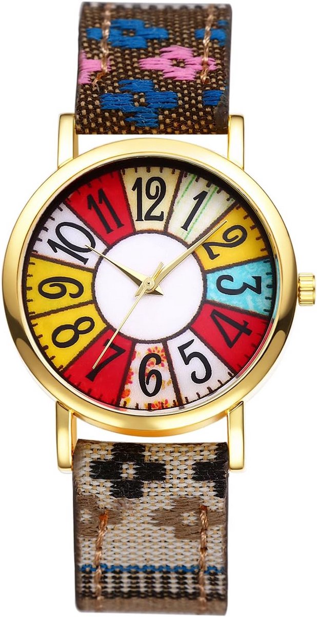 Dameshorloge met leren band en grote Arabische cijfers - Analoog Kwarts