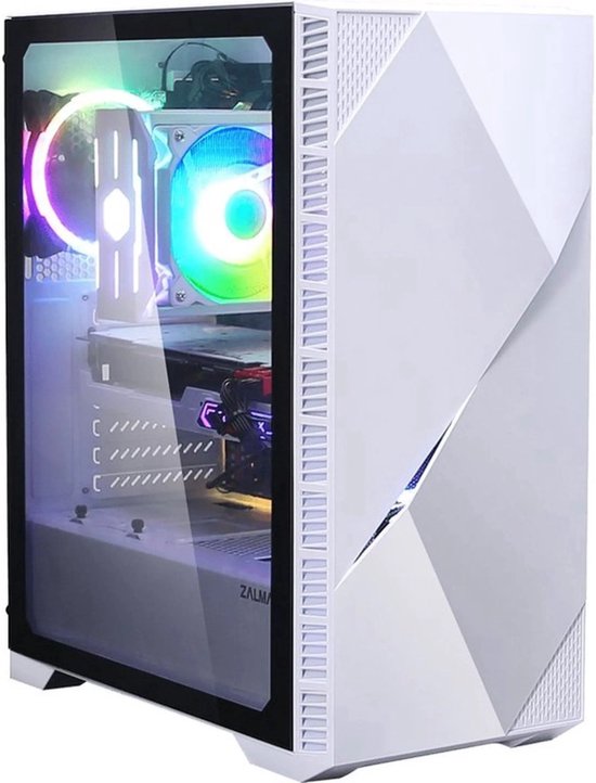Witte computerkast met glazen zijkant, interne componenten en RGB-verlichting, op een witte voet.