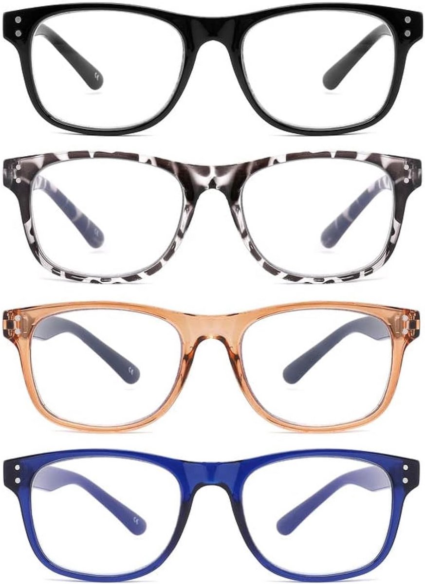 Set van 4 leesbrillen met blauwlichtfilter voor heren en dames - Inclusief brillenkoker