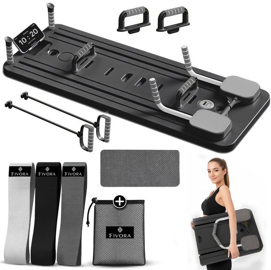 Fivora® Pilates board - Pilates set - Pilates reformer - Push up bord - Fitness elastiek - Weerstandsbanden - Resistance band - Sport elastiek banden - Telefoonhouder - Opvouwbare pilates set - Kniekussen - Kniemat - Buikspiertrainers