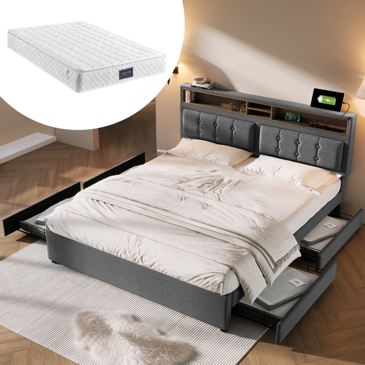 HAUSS SPOLE Gestoffeerd Bed 160x200cm - Tweepersoonsbed Met 4 Lades, USB‑C En Verstelbaar Hoofdeinde ±12cm - Linnen Bekleding - Grijs - Zonder matras