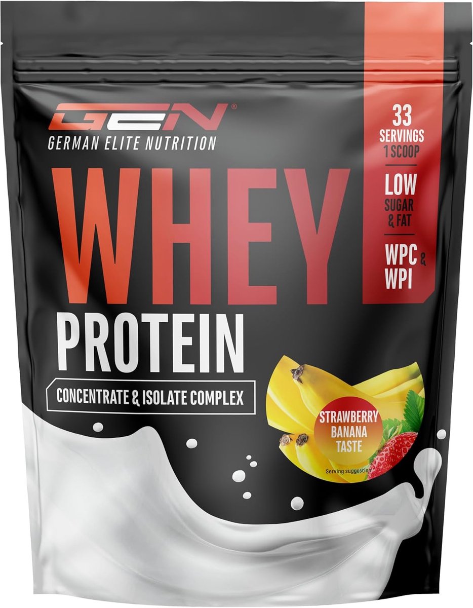 German Elite Nutrition - Whey Protein Complex - Aardbei Banaan - 1kg - Hoogwaardige Eiwitten - Rijk aan BCAA's - Gemakkelijk Mengbaar