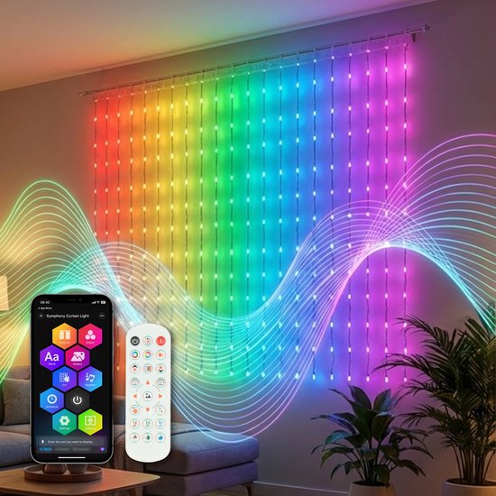 Foto: Smart led lichtgordijn met app 2 x 2 meter 400 led lights incl afstandsbediening muzieksynchronisatie smart verlichting silvergear