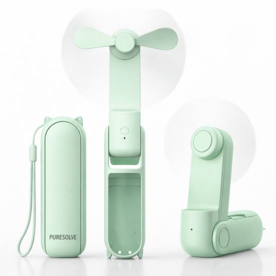 Mini handventilator groen oplaadbaar met powerbank, draadloos tafelmodel, 2 snelheden, veilig en stil