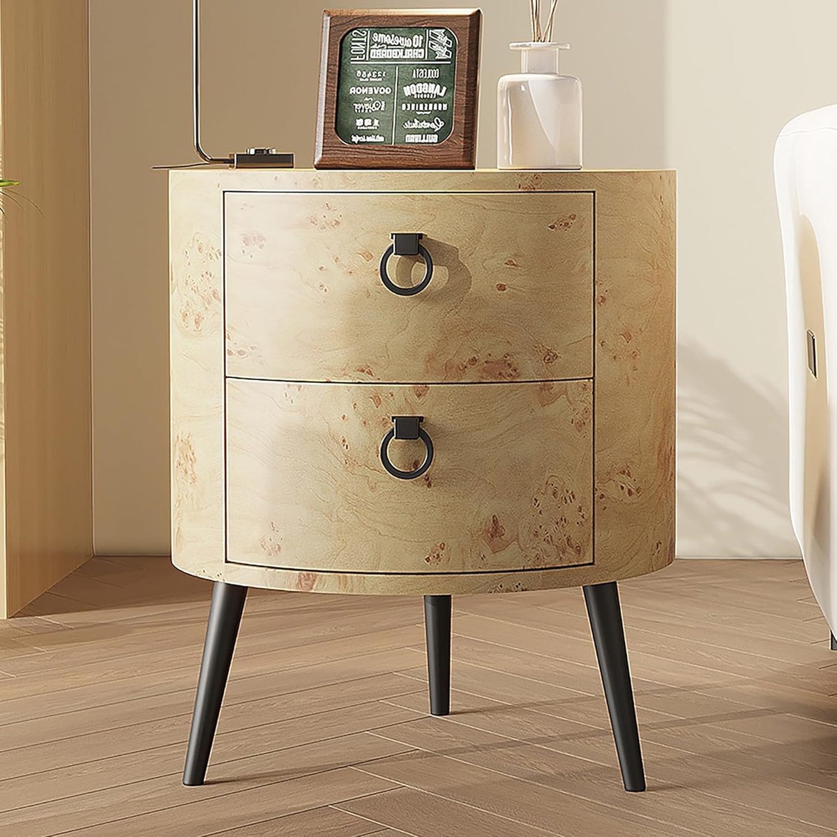 Ronde nachtkast met 2 lades - moderne bijzettafel van hout & metaal, landelijk design, 47 x 47 x 55 cm - voor slaapkamer & woonkamer