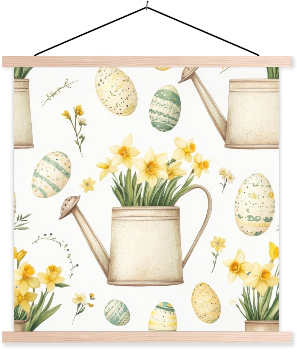 Posterhanger incl. Poster 120x120 cm - Schoolplaat - Gieter - Bloemen - Eieren - Textielpo