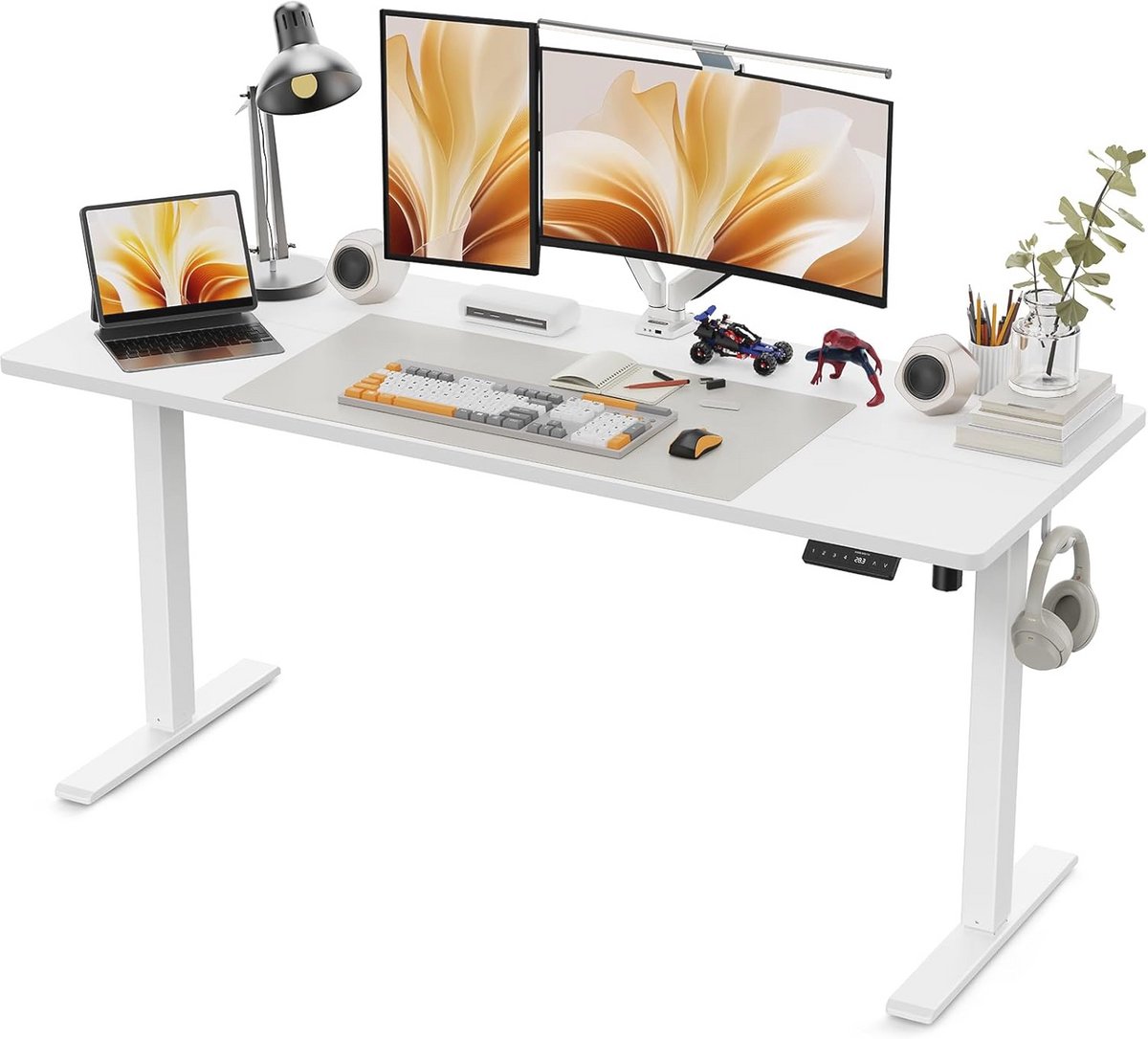 Verstelbaar Hoogte Bureau - Elektrisch Zit-Sta Bureau 160 x 60 cm met Geheugenfunctie voor 4 Hoogtes - Wit