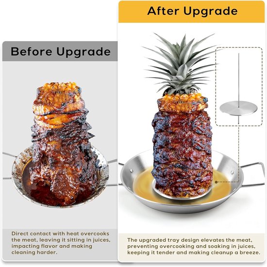 Verticale voor Al Pastor - RVS Braziliaanse Spies met 3 Punten - Inclusief Borstel en Vetscheidingsbak - Voor Tacos Shoarma en Kebabs in Oven of Rookoven - Barbecue Accessoire van Merkloos — afbeelding 2